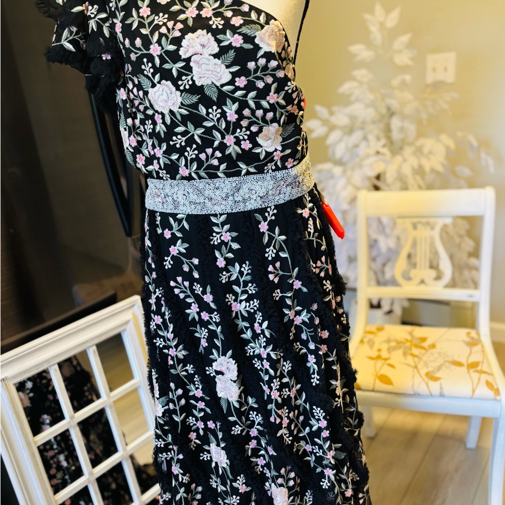 Mac Duggal One Shoulder Black Dress With Pink And White Floral Embroidery. Nwt.